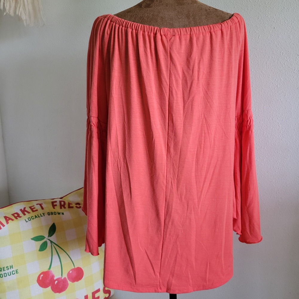 Notations Coral Pink Off The Shoulder Bell Sleeve Festival Peasant Womens Large - Picture 3 of 10
